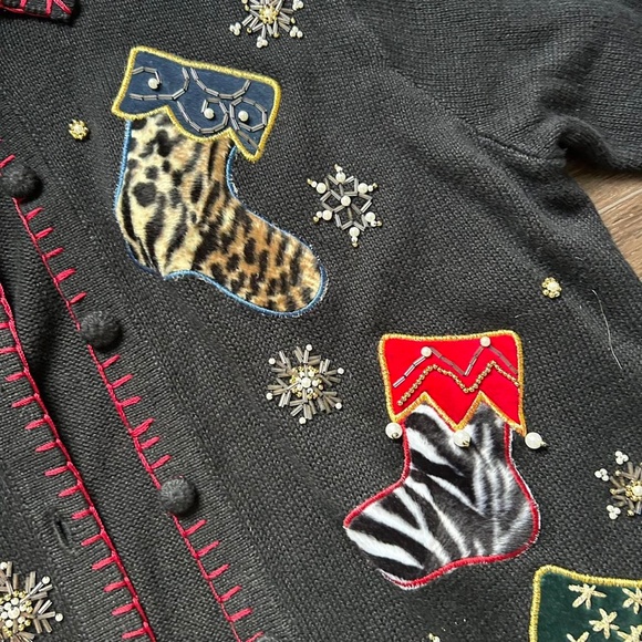 Knit Black Christmas sweater with animal, print stockings #uglychristmassweater - Picture 3 of 8